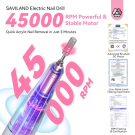 SAVILAND Electric Nail Drill Professional: 45000RPM Portable Electric Nail File for Acrylic Nails Removing Rechargeable 2000mAh Efile Nail Drill Machine with Ceramic Bit Salon Nail Tech Must Have