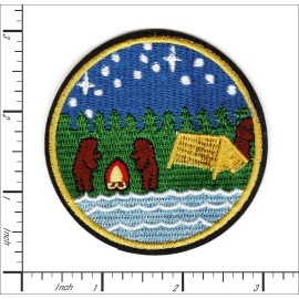 Patchwork Paradise Scenic Bear Camping Patch – Starry Night Campfire Embroidered Iron-On Badge