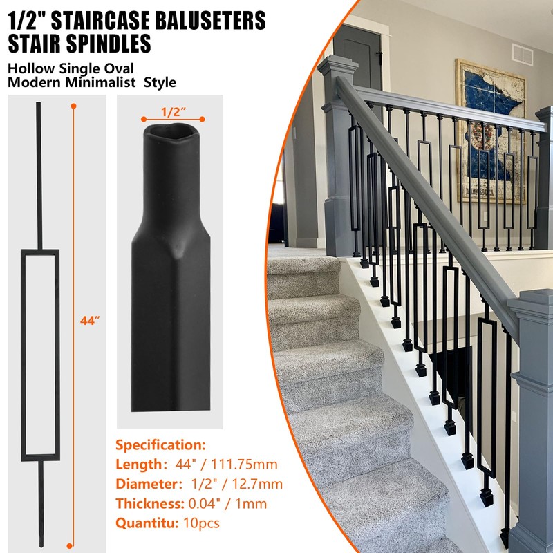DEVALLEY Wrought Iron Balusters (Set of 10),1/2 inch Single Rectangle