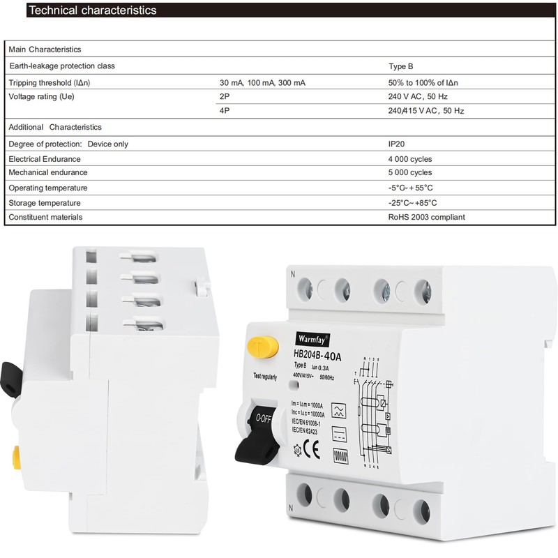 Warmfay FI Circuit Breaker 40A 300mA 4-Pin Residual Current Circuit