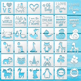 30 Pack Cute Baby Shower Stencils for Onesie Decorating Kit, Reusable Animal Themed Templates Shirt Fabric Stencils for Boy Girl Bodysuit Bibs Bags Shirts Shoes
