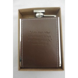 New Small Leather Metal Flask w/Hemingway or Twain Drinking Quote