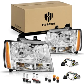 FEBERG [OE Style Anti-Yellowing Headlight for 2007-2013 Avalancha/Suburban 2500, 2008-2013 Tahoe Hybrid, 07-14 Tahoe 1500, 2012-2014 Tahoe SSV Headlamp Chrome Housing Clear Left+Right Side