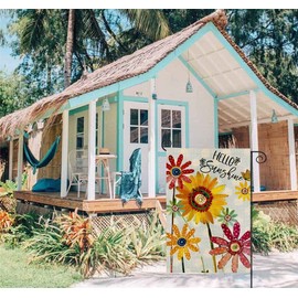Summer Flowers Garden Flag 12x18 Inch Double Sided,Hello Sunshine Sunflower Daisy Small Yard Flags for Outdoor,Seasonal Decoration for Spring Farmhouse Holiday Outside