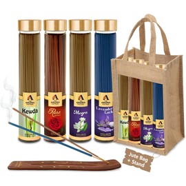 The Aroma Factory Organic Incense Sticks Natural Aromatic Fragrances | Charcoal Free| Non Toxic | Hand Made Herbal Pooja Agarbatti, Combo of 4 x 100g Jute Gift Set (Fresh Flowers)