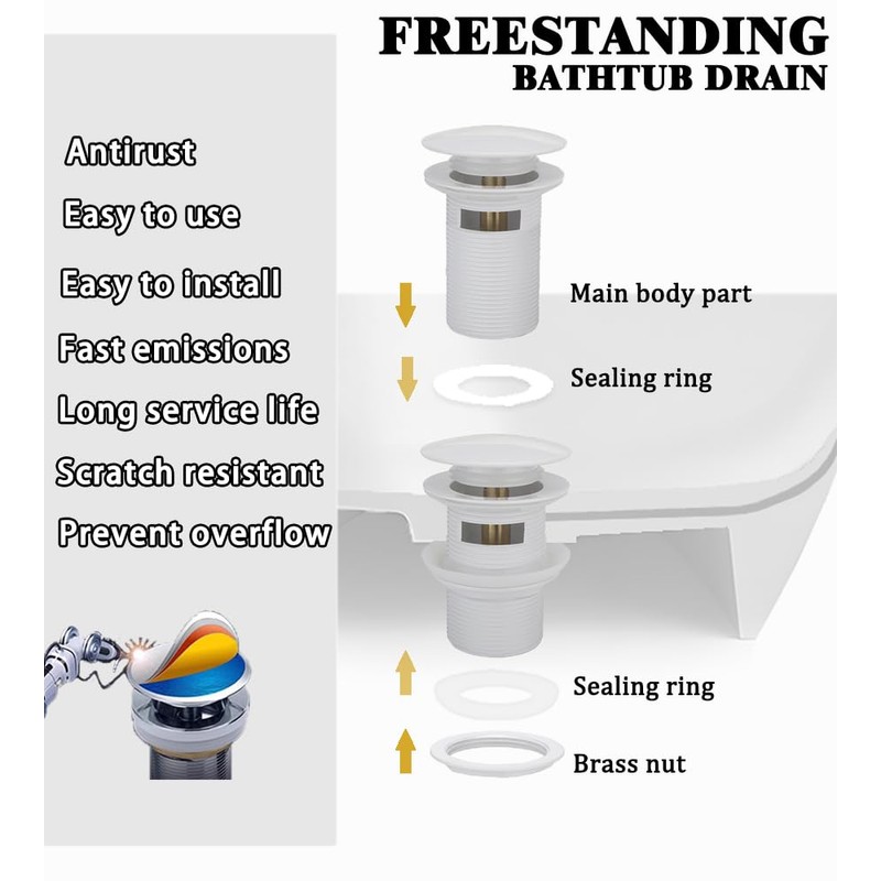 Brass Tub Plug, Pop Up Drain Fits Most Tub Kits