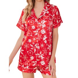 Ekouaer Womens Satin Silk Pajamas Set Short Sleeve Button Down Top and Shorts Sleepwear 2 Piece Pjs Set,Medium,Christmas Red