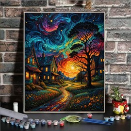 Starry Paint By Numbers Kit For Adults, Country Night Paint By Number Kits For Beginner Moon Acrylic On Canvas Diy Oil Painting Kit Adults' Paint-By-Number Kits For Gift Home Wall Decor 16x20 Inch