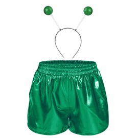 Bskifnn Alien Costume Metallic Shorts with Headband Space Costume Accessories for Boys and Girls for Party,Hallowen,Cosplay (Green, 6-7 Years)