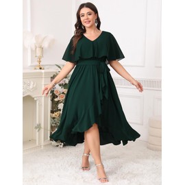 Women Plus Size Long Formal Dress Short Sleeve Chiffon Ruffle V Neck High Low Split Wedding Guest Maxi Dresses Emerald Green