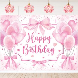 Pink Bow Happy Birthday Backdrop Pink Bow Birthday Coquette Photography Background for Girls Women Coquette Bachelorette Party Decorations Backdrop (7X5FT(82 x 59 inch))