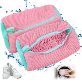Shoe Wash Bag Washing Machine Pack of 2 Shoe Bags Washing Machine Shoe Wash Bag for Washing Machine, Anti-Deformation with Zip Shoes Laundry Bag, Mesh Shoes Laundry Bag for Trainers (Pink)