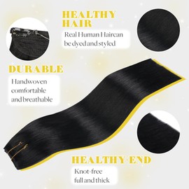 SAFIRENY Wire Hair Extensions,Invisible Wire Hair Short Jet Black Real Human Hair 16inch Straight with Adjustable Fish Line Hair Extensions for women 70g(#1-16inch)