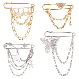 SUPERFINDINGS 4 Style Decorative Safety Pins Punk Collar Brooches Waistband Waist Tightener Safety Pin with Hanging Chains Alloy Star Butterfly Brooch for Bag Scarf