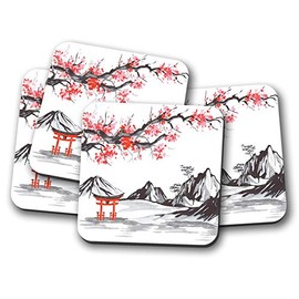 4 Set - Japanese Scene Coaster - Cherry Blossom Mountains Snow #12791