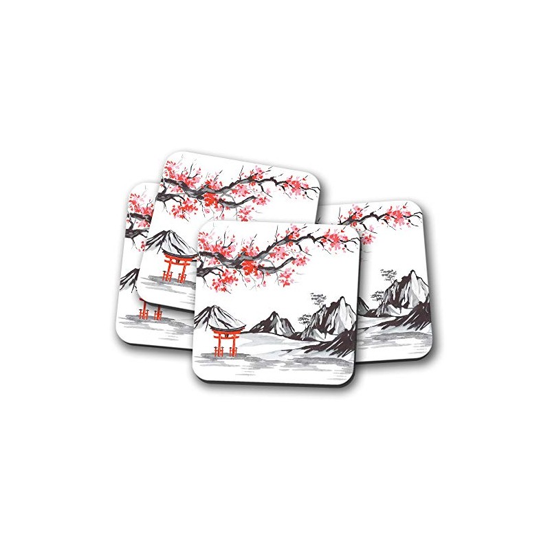 4 Set - Japanese Scene Coaster - Cherry Blossom Mountains