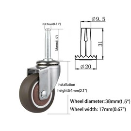 NERILEE Rubber Caster Wheel 1.5 Inch Set of 4 Stem Casters 5/16" x 1-1/2" (8 x 38mm) Stem and 20mm Dia Sockets, for Furniture Crib Trolley Dining Car Casters