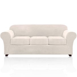 PrinceDeco Velvet Couch Covers for Sofa Soft 4 Pieces Couch Covers for 3 Cushion Couch Sofa Pet Friendly Furniture Protector with Non Slip Elastic Bottom Width Up to 90 Inch (Large, Ivory)
