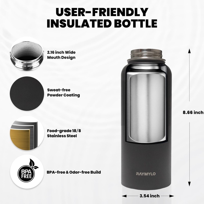 RAYMYLO Insulated Water Bottle 32 oz, Triple Wall Vacuum Stainless