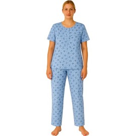 FIANA FASHIONS Damen-Schlafanzug-Set, Rundhalsausschnitt, kurzärmelig, Nachtwäsche, zweiteilig, Baumwolle, bequem, weich, Loungewear, blau, M