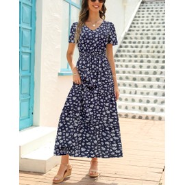 Zattcas Summer Maxi Dresses for Women 2025 Short Flutter Sleeve V Neck Smocked Waist Tiered Flowy Modest Boho Casual Long Floral Dress with Pockets Navybluewhite L