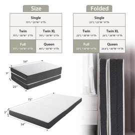 HUEIFY Tri Fold Memory Foam Foldable Mattress Full, 3 inch Folding Mattress for Guest Sleep. Portable Trifold Mattress with Removable Washable Cover, Floor Sleeping Mat for Adult and Kid