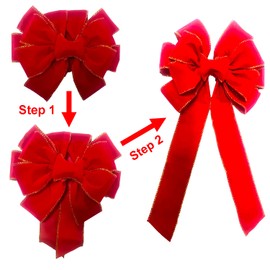 2-Pack Christmas Decorative Bows, Red Velvet with Gold Trim, 10.6" x 20" Large Holiday Ribbon, for Front Door, Christmas Tree and Yard Fence Outdoor Decorations
