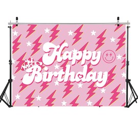 Preppy Backdrop Banner for Happy Birthday 7x5FT Lightning Bolt Hot Pink Birthday Photography Background for Girls Women Large Preppy Birthday Sign Y2k Party Decorations Supplies (2.1 x 1.5m)