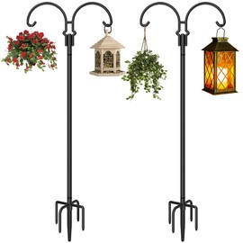 AnBaiMei Outdoor Double Shepherds Hook with 5 Prong Base, 76 Inch Adjustable Heavy Duty Two Sided Bird Feeder Pole Stand for Hanging Plant Baskets, Solar Light Lanterns, Hummingbird Feeder, 2 Pack