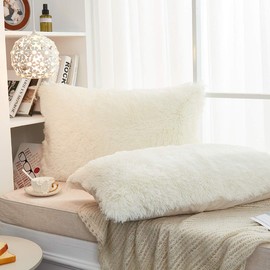 JAUXIO Long Faux Fur Soft Soild Decorative Pillowcase Oblong Fluffy Throw Pillow Cover Velvet Shaggy Plush Cushion Case Set of 2 Zipper Closure Queen Size (20X26 Inches, Cream)