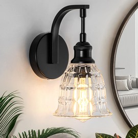 Aleslsop 1-Light Wall Sconce, Black Wall Sconce Light with Textured Glass Shade Bathroom Vanity Light Fixtures Indoor Wall Lamps for Living Room Bedroom Hallway Bathroom Kitchen(E26)