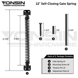 YONSIN 11-1/2" Self Closing Gate Spring Heavy Duty Door Springs to Close Door, Adjustable Tensioner Automatic Gate Closure, Suitable for Wooden Gate, Vinyl Fence, Steel Door, Black, 2 Pcs