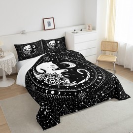 Cute Cats Comforter Set King,Gothic Star Sky Moon Constellation Bedding Set 3pcs for Kids Teens Boy Girls Room Decor,Animals Flower Plants Quilt Set Black Exotic Duvet Insert with 2 Pillowcases