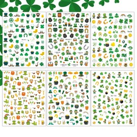 6Sheets St. Patrick's Day Nail Art Stickers - Green Shamrocks 3D Self-Adhesive Dwarf Hat Nail Design Decals for Women Girls DIY Decoration - Luck of The Irish