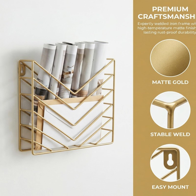 ZAYHENYOO Modern Wall Mounted Magzine Rack,Gold Wall Mount File Organizer,