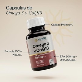 Suplemento Omega 3 y Coenzima Q10-60 Cápsulas | Vitaminas con Ácidos Grasos de Pescados Omega-3 y Coenzima Q10 | Suplemento Alimenticio Sin Azúcar y d