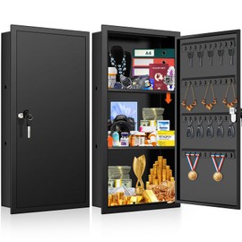 GUVELI 25.6" Tall Wall Safes Between the Studs, Lockable Hidden Safe Box with Hooks for Keys Jewellery, In Wall Safe for Money Medicines Valuables, Black
