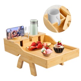 ZibugZag Couch Cup Holder Tray - Sofa Arm Tray with 360° Rotating Cell Phone Holder, Anti-Slip Couch Arm Rest Table, Natural Bamboo Clip-On Side Table for Eating, Snacks, Drinks, Remote, Cups