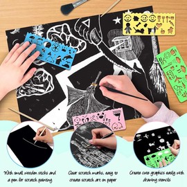 Lyaciomn Scratch Paper Art Set, 30 Sheets 8x11in Black Coated Scratchboard Large Scratch Paper with Wooden Styluses and Stencils
