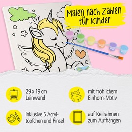ONLINE Children's Paint by Numbers I 29 x 19 cm Canvas with Pretty Unicorn Motif I Creative Set Painting by Numbers Junior Including 6 Acrylic Pots in Pastel Tones and 1 Brush I Simple Motif for