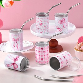 Roshtia 6 Pcs 3 oz Coquette Bow Mini Tumblers Shot Glass with Straw and Lid Pink Bow Stainless Steel Tumblers Double Wall Vacuum Insulated Cups for Drink Coffee Cocktail Wedding Bar Beach Party Gift