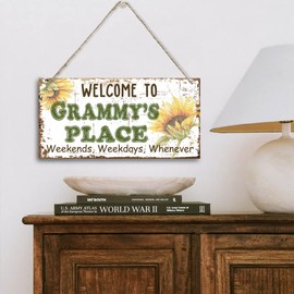 Vintage Welcome to Grammy's Place Weekends, Weekdays, Whenever Decor Sign, Printed Wood Plaque Sign, Hanging Wood Sign Home Decor, Home Decor Wall Art Sign, Sunflower Sign Gift for Grandma 12" x 6"