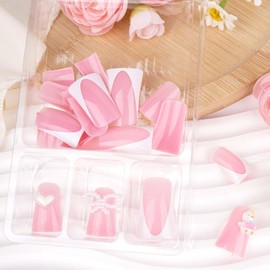 3D Handmade Duck Nails Press On Medium Duck Press On Nails French Tip Fake Nails with Designs 3d Bow and Love Nails Press Ons Glue On Nails pink Acrylic Nails For Woman 24pcs