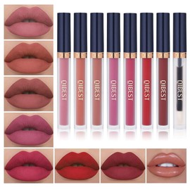 QIBEST Juego de 7 lápices de labios líquido mate + 1 juego de maquillaje de labios plumper de larga duración, juego de brillo de labios de terciopelo impermeable