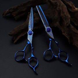 Damascus 전문 6 ''블루 다마스커스 헤어 커팅 가위 보석 나사 이발 틴닝 도구 강철 미용 [01 set] Professional 6'' Blue Damascus Hair Cutting Scissors Jewel Screw Barber Thinning Tool Steel Beauty [01 set]