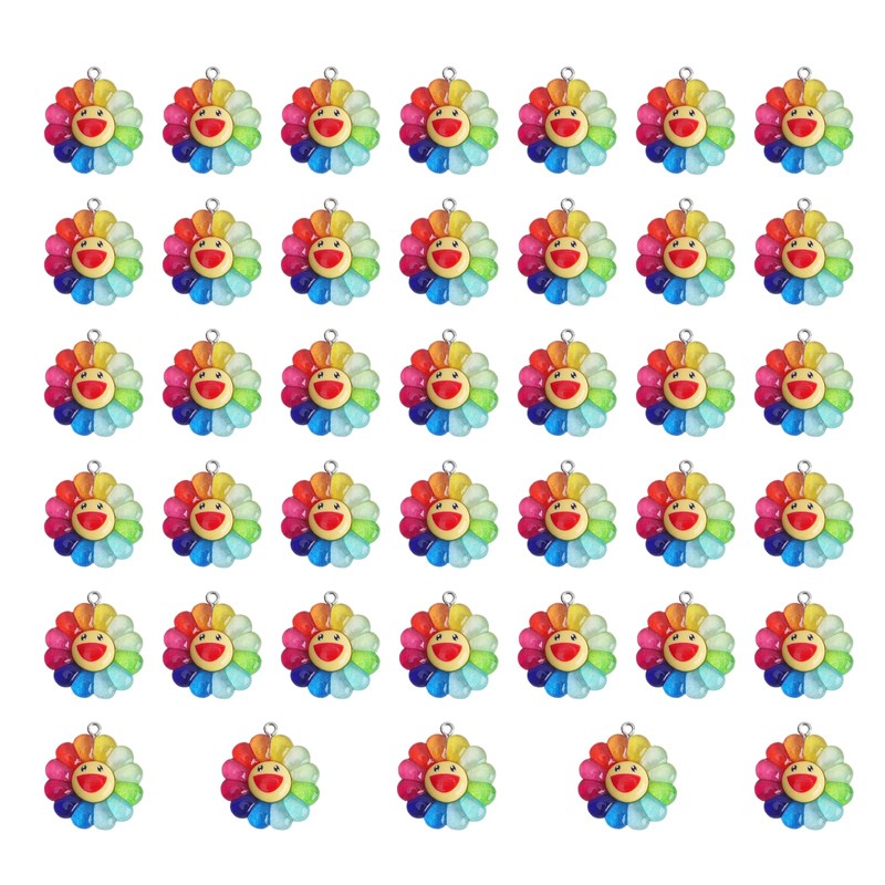 RUIAN 40pcs Rainbow Sun flower Pendants-Resin Charms for DIY Jewelry