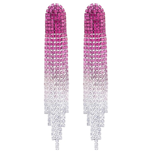 Party Statement Earrings Pink and White Rhinestone Cluster Long Chain