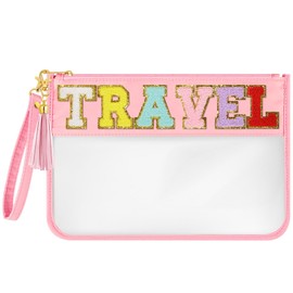 BOUBONI Chenille Letter Bag Clear Stuff Bag Flat Pouch Nylon and PVC Clear Cosmetic Bags Travel Makeup Bag Clear Zipper Pouches Toiletry Bag With Wristlet for Women Girls (Pink-Travel)