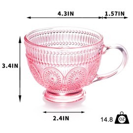 Vintage 4 Pack Glass Coffee Mugs with Handle-14 oz Pink Embossed Glass Cups for Cappccino, Latte, Cereal, Yogurt, Tea, Milk