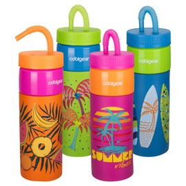 COOL GEAR GO GRIP 24oz Plastic Retro Squishy Water Bottle | Cute Printed Design, Foam Grip, Resealable Bendy Straw | Dishwasher Safe (Green Printed Variety 4-Pack)